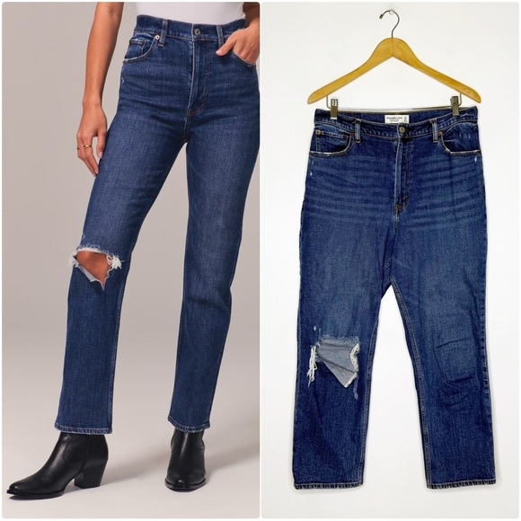 Abercrombie & Fitch Ankle Straight Ultra High Rise Blue Distressed Jeans 12 31 - Picture 1 of 8